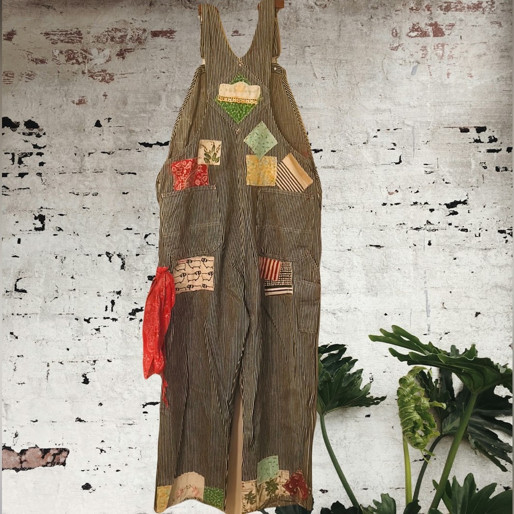 Upcycled gardener farmer patched railroad striped dickies bib overalls
